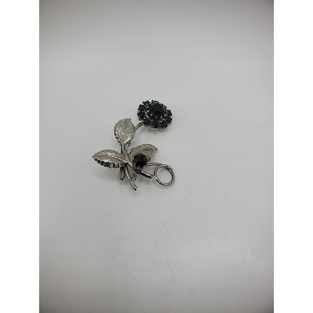 Vintage Brooch Pin Flower Silver Tone Black Crystals Jewelry Costume